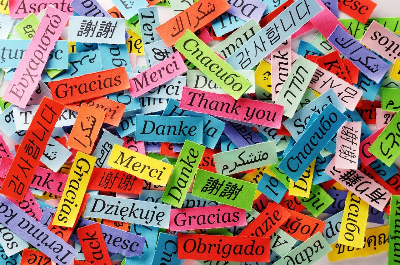 The word thank you on lots of multi-coloured slips of paper printed in different languages