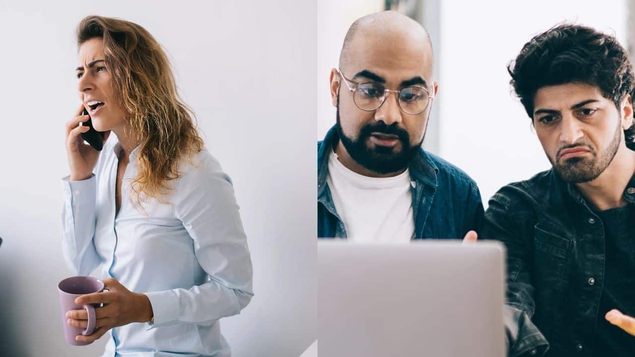 woman not understanding what her colleagues are saying over a call woman not understanding what her colleagues are saying over a call