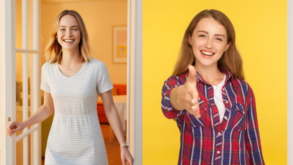 When do you smile when entering a room? A woman smiling as she comes through a door, and a woman smiling as she holds out her hand to shake hands