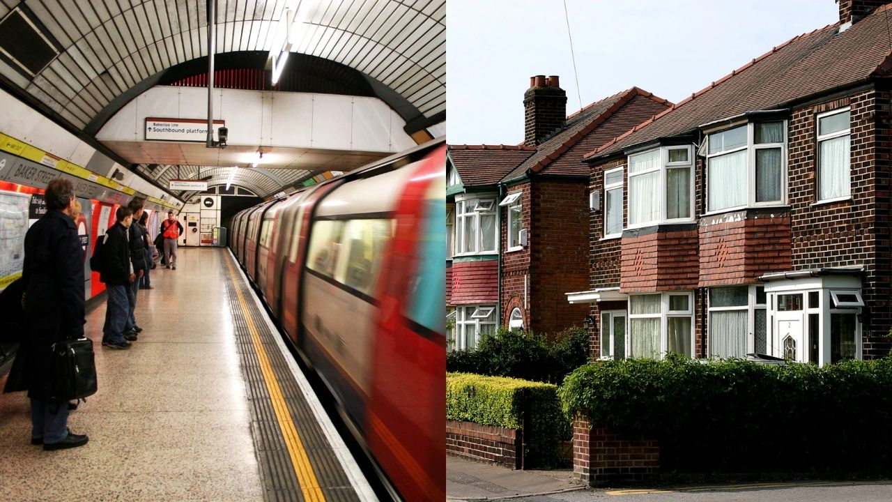 picture of London underground and a picture of typical semi-detached British houses