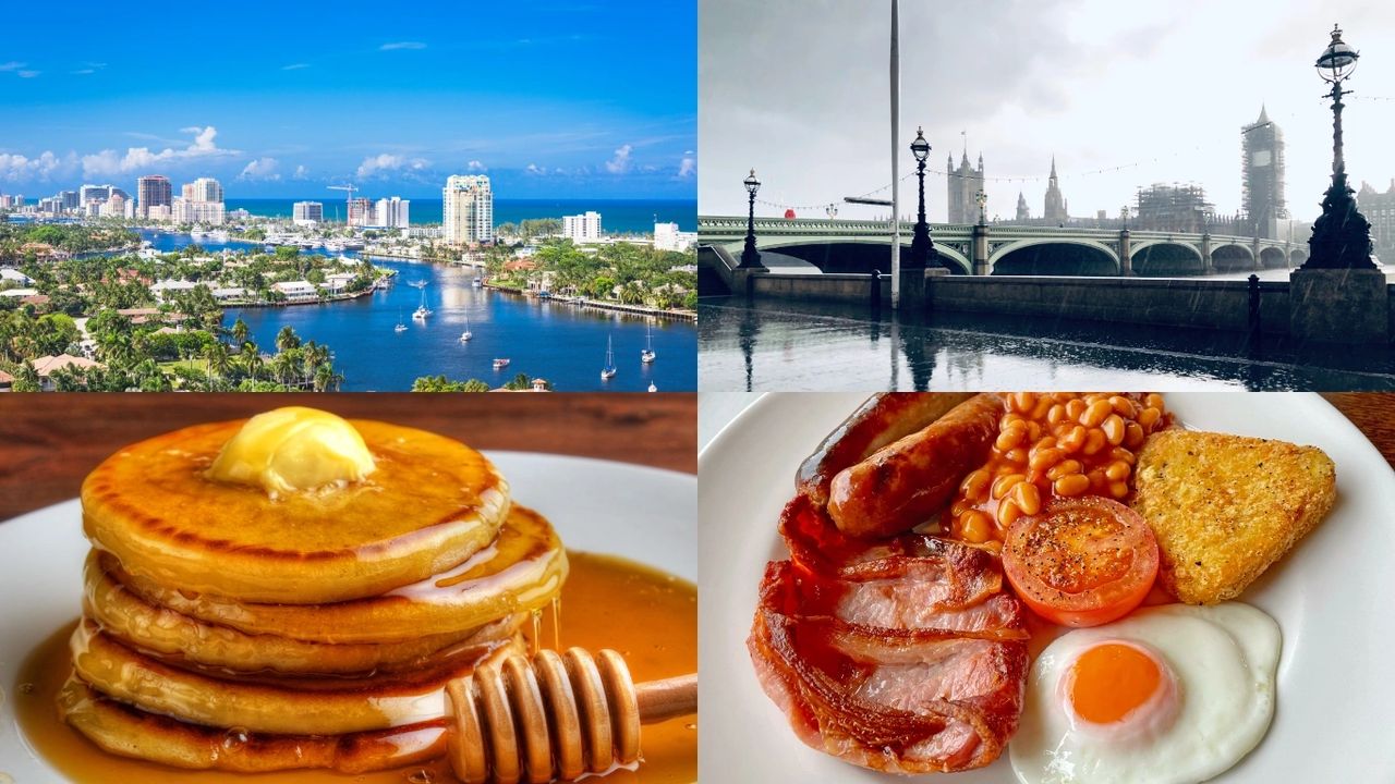 photos of sunny florida and american pancakes and syrup next to photos of rainy day in London and full English breakfast