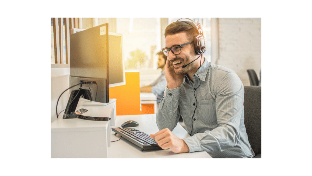 remote worker at desk with headset