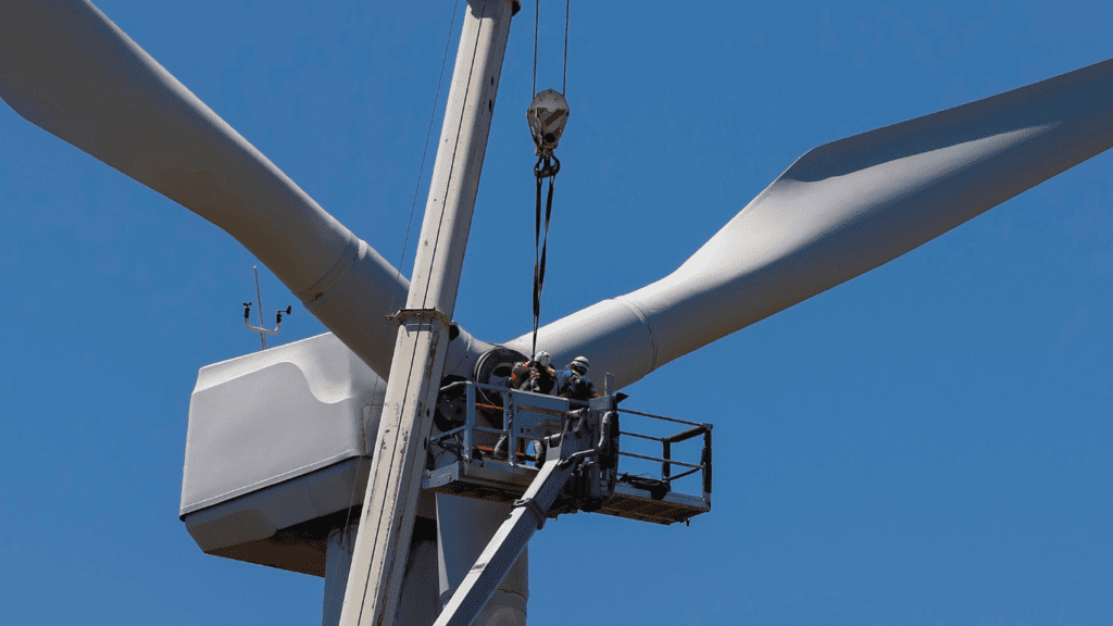 wind turbine with technicians and crane