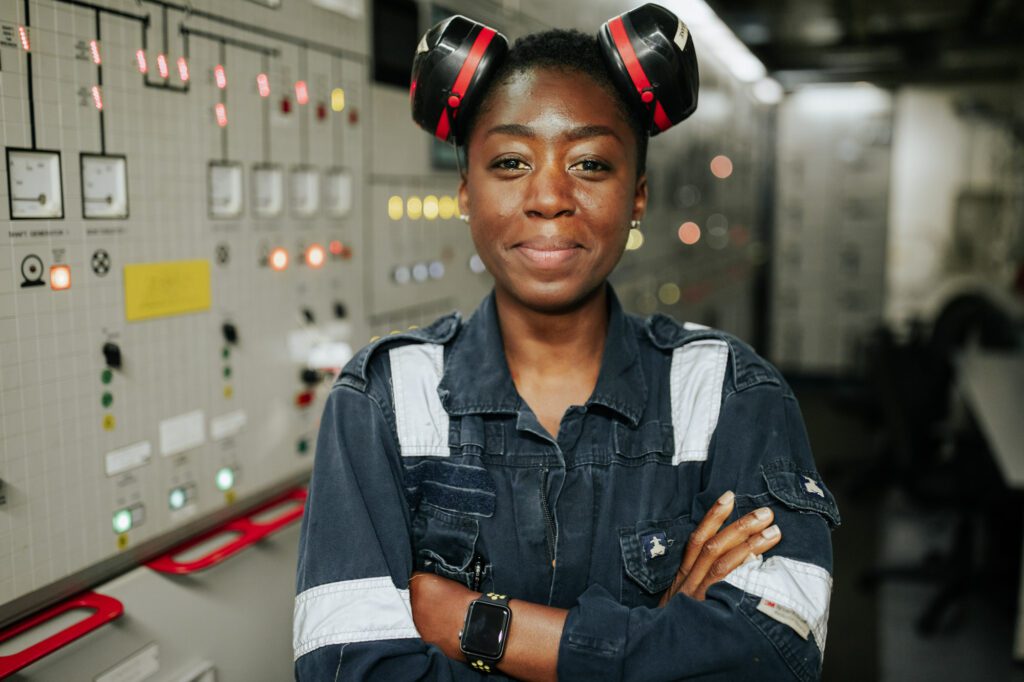 Denise Ngum, Electrician, in the control room.