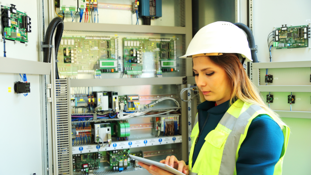 woman engineer inputting data by electrical enclosure