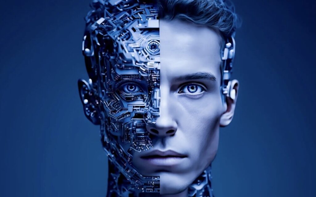 Human and robot face representing interplay between Field Service Engineer and Artificial Intelligence