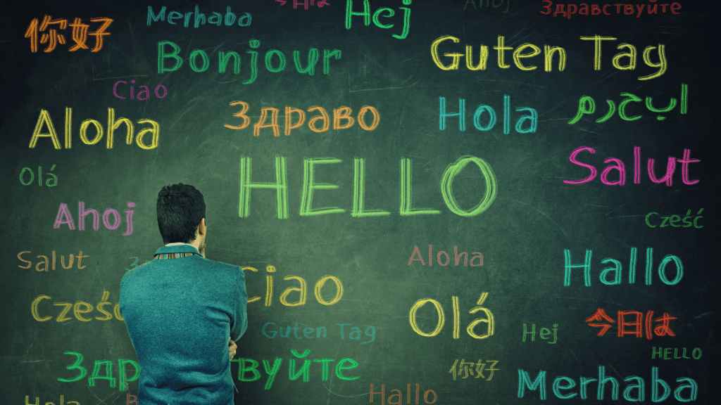 blackboard with different languages saying hello