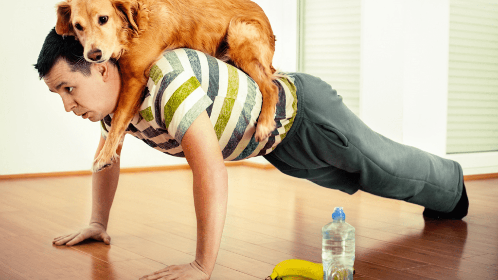 man exercising at home with a dog