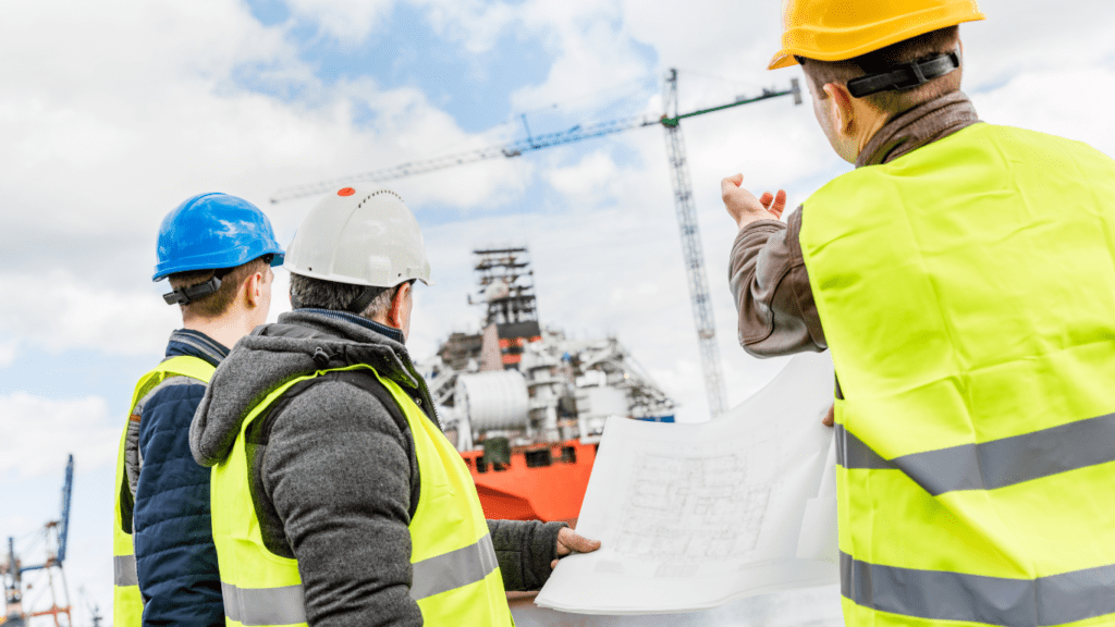 Three engineers in hard hats looking at a holding design drawings, and looking at a ship in dock with a tall crane in the background