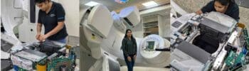 Collage of photos showing Revathi Krishna of Varian installing a Linac Collage 1