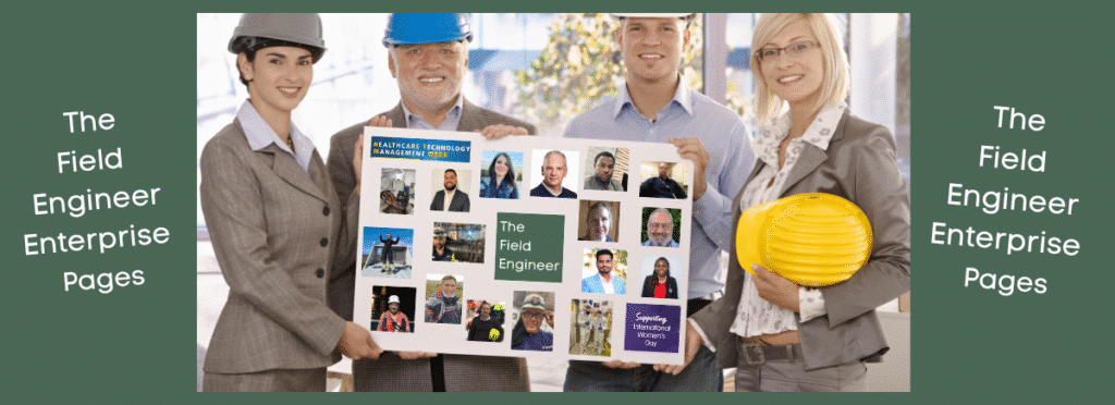 Picture of Service Engineers holding up a placard which has lots of photos of field engineers and text saying 'The Field Engineer Enterprise Pages'
