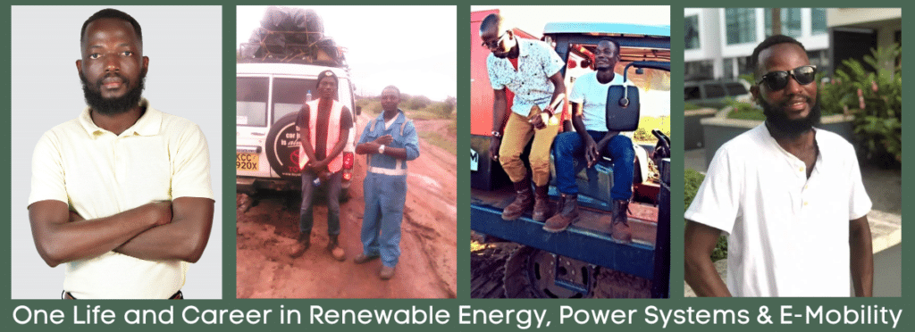 Photos of Thomas Odhiambo Okumu, Engineer in Power and Renewable Energy, with colleagues. Text saying, One Life and Career in Renewable Energy, Power Systems & E-Mobility