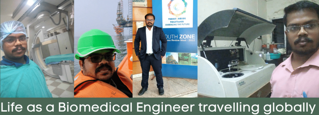 Featured image montage of photos of Biomedical Engineer Gowthaman Balu with text saying Life as a Biomedical Engineer travelling globally.