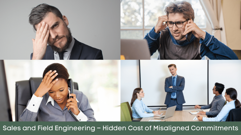 text saying 'Sales and Field Engineering – Hidden Cost of Misaligned Commitments'. Pictures of upset workers who are dealing with mis-sold contracts and angry customers.