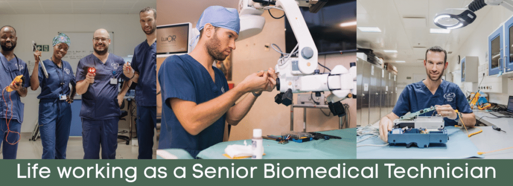 Photos of Guido Kortleven and colleagues on Mercy Ships repairing medical equipment. With text saying Life working as a Senior Biomedical Technician