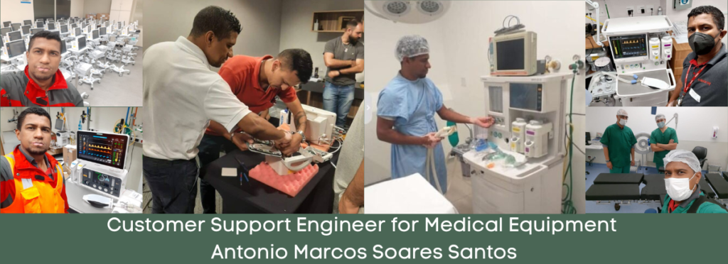 Photos of Antonio Marcos Soares working with Mindray medical equipment, with text saying, 'Customer Support Engineer for Medical Equipment Antonio Marcos Soares Santos