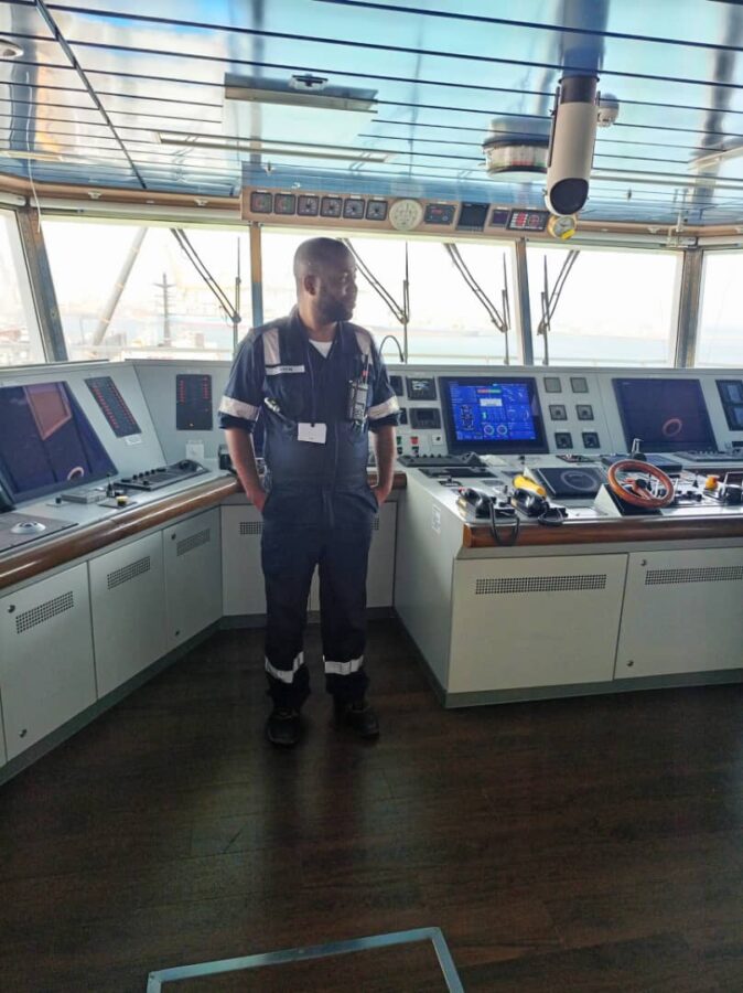 Ekele John, Electrical and Electronics Engineer on bridge of ship offshore