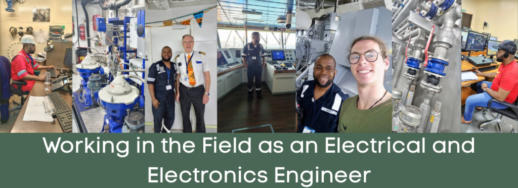 Photos of Ekele John onboard Mercy Ships hospital ship. Photos of Ekele John with colleagues on Mercy Ships Text saying, 'Electrical and Electronics engineer'. Photos of electrical and mechanical equipment. Text saying 'Working as an Electrical and Electronics Engineer.
